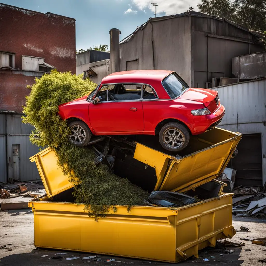 Un coche rojo sobre un montón de escombros.