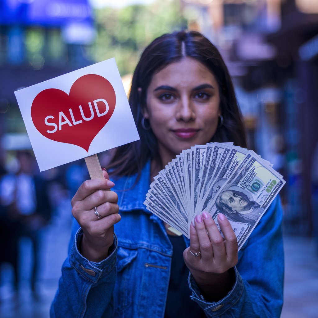 una chica guapa tiene un cartel con un corazón que pone salud en una mano. En la otra mano tiene un montón de billetes. Es una chica guapa de unos 25 años, asi anuncia la salud financiera