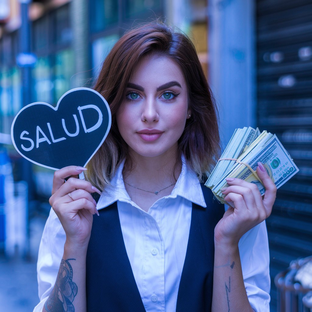 Una chica morena tiene un cartel con un corazón que pone salud en una mano. En la otra mano tiene un montón de billetes es decir salud financiera